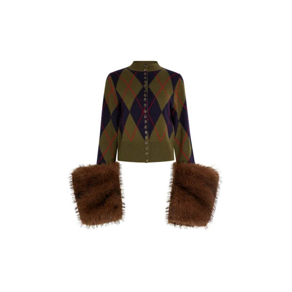 Knitted Cardigan With Faux Fur Cuffs Navy Green Red Argyle Brown