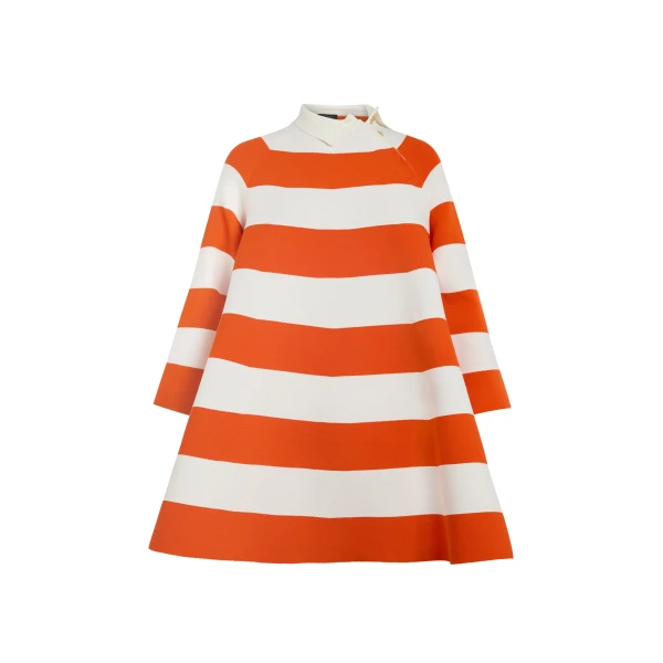 Knitted Flared Mini Dress With Asymmetric Collar Red White Striped