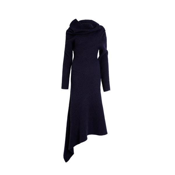 Knitted Patchwork Rib Dress With High Neck Navy