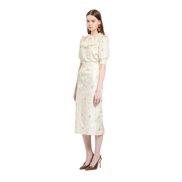 Alessandra Rich Floral-Print Silk Taffeta Blouse in White and Multi, view 2
