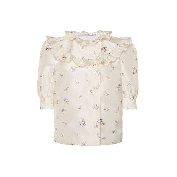 Alessandra Rich Floral-Print Silk Taffeta Blouse in White and Multi