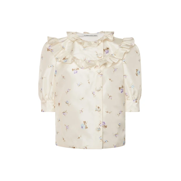 Floral-Print Silk Taffeta Blouse in White and Multi