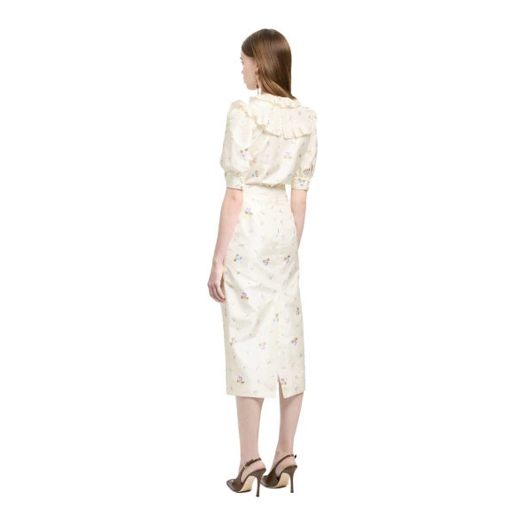 Alessandra Rich Floral-Print Silk Taffeta Midi Skirt in White and Multi, view 4