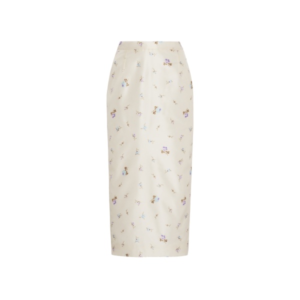 Alessandra Rich Floral-Print Silk Taffeta Midi Skirt in White and Multi