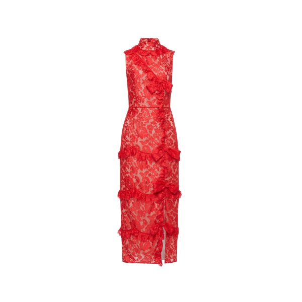 Alessandra Rich Lace High Neck Evening Dress in Red