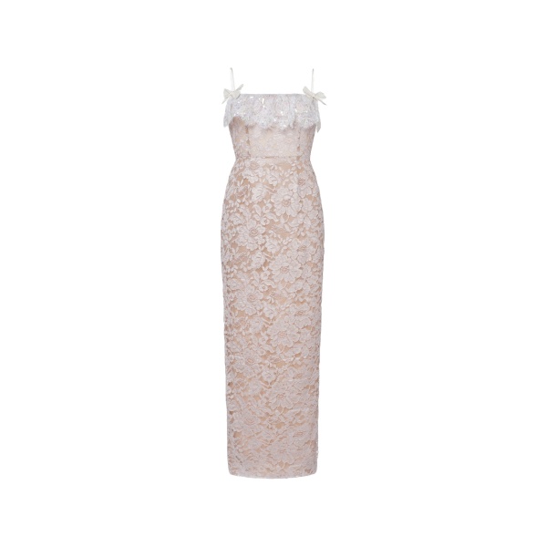 Alessandra Rich Lace Slip Dress with Sequin-Embroidered Ruffle in Lavender