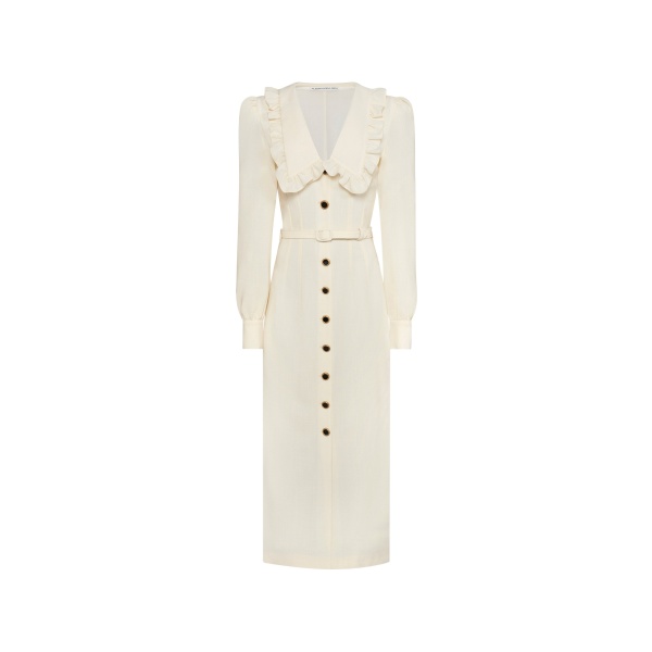 Alessandra Rich Light Wool Crêpe Midi Dress with V-Neckline in Vanilla