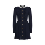Alessandra Rich Light Wool Crêpe Mini Dress with Pleated Skirt in Dark Blue