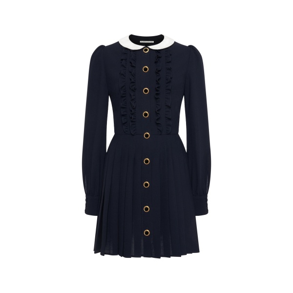 Alessandra Rich Light Wool Crêpe Mini Dress with Pleated Skirt in Dark Blue