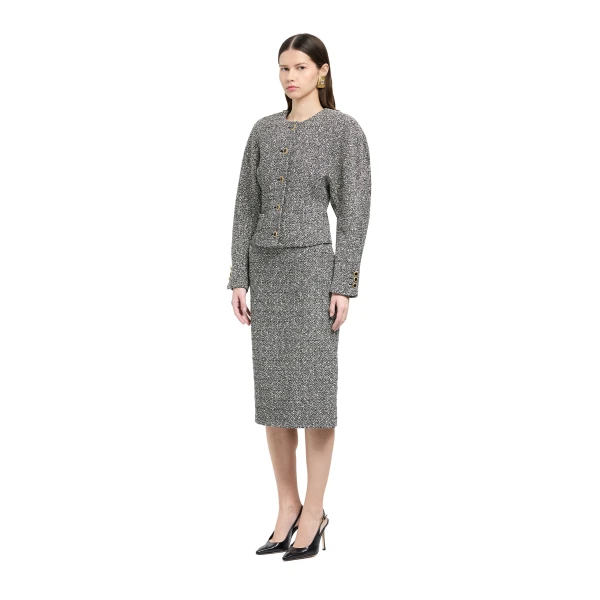 Alessandra Rich Melange Sequin Tweed Jacket in Black and White Melange, view 2