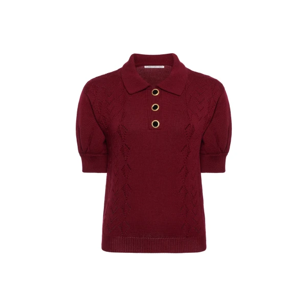 Merino Wool Knit Lace-Knit Polo in Bordeaux