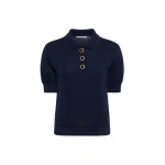 Alessandra Rich Merino Wool Knit Lace-Knit Polo in Navy Blue