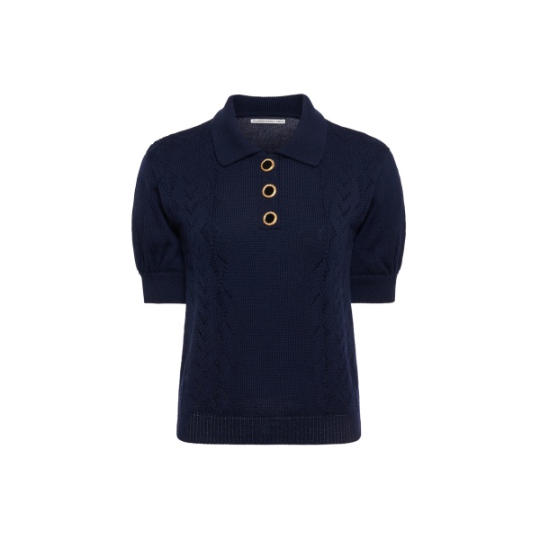 Alessandra Rich Merino Wool Knit Lace-Knit Polo in Navy Blue