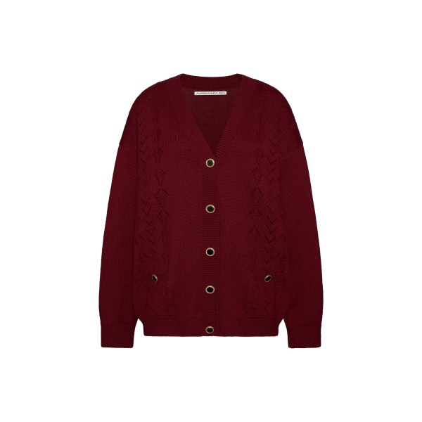 Alessandra Rich Merino Wool Lace-Knit Cardigan in Bordeaux