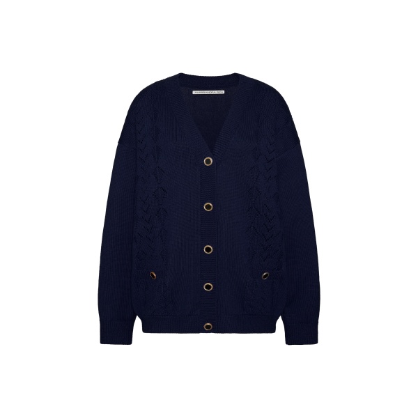 Alessandra Rich Merino Wool Lace-Knit Cardigan in Navy Blue