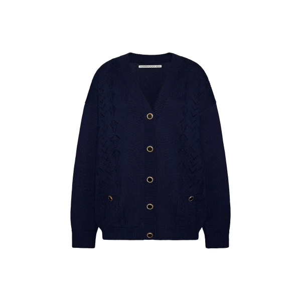 Merino Wool Lace-Knit Cardigan in Navy Blue