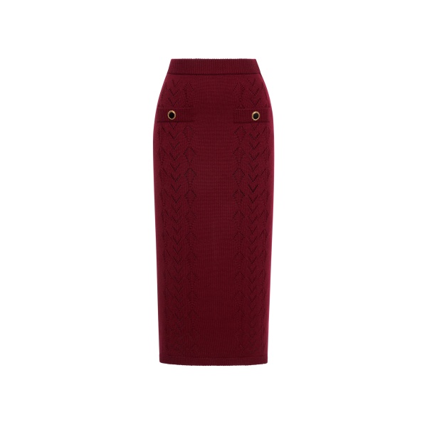Alessandra Rich Merino Wool Lace-Knit Midi Skirt in Bordeaux