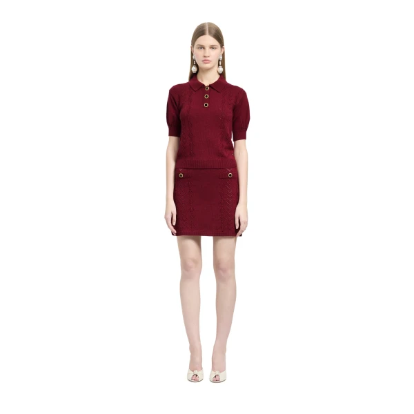 Alessandra Rich Merino Wool Lace-Knit Mini Skirt in Bordeaux, view 2