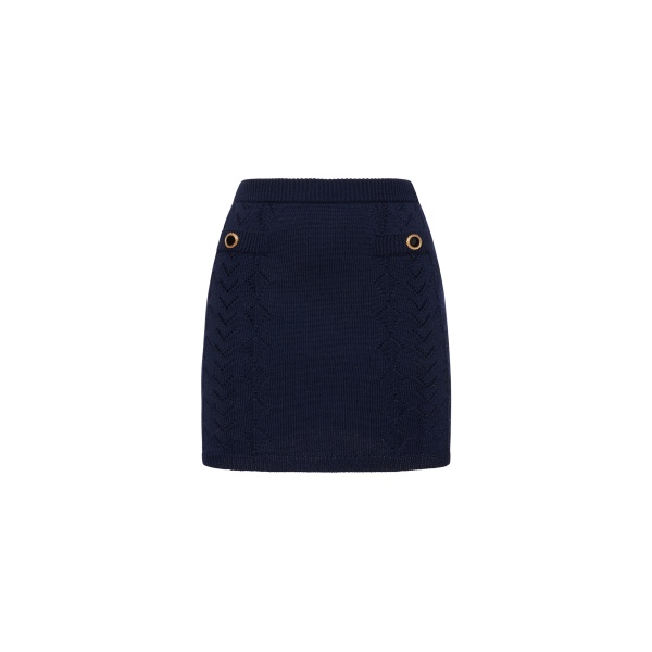 Alessandra Rich Merino Wool Lace-Knit Mini Skirt in Navy Blue