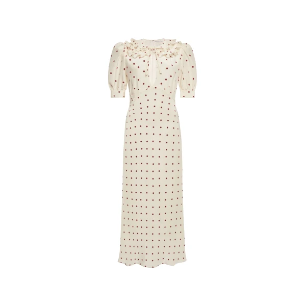 Polka-Dot Silk Dress with Double Collar in Cream and Bordeaux