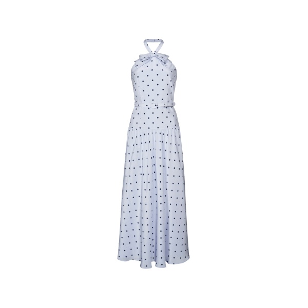 Alessandra Rich Polka-Dot Silk Halterneck Midi Dress in Light Blue and Blue