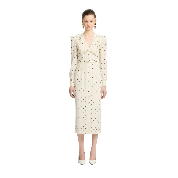 Alessandra Rich Polka-Dot Silk Midi Dress with V-Neckline in Cream and Bordeaux, view 2