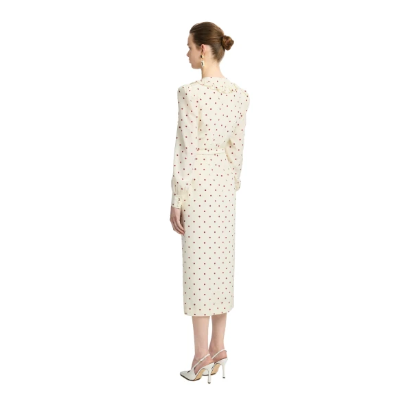 Alessandra Rich Polka-Dot Silk Midi Dress with V-Neckline in Cream and Bordeaux, view 4