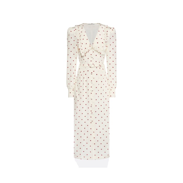 Alessandra Rich Polka-Dot Silk Midi Dress with V-Neckline in Cream and Bordeaux