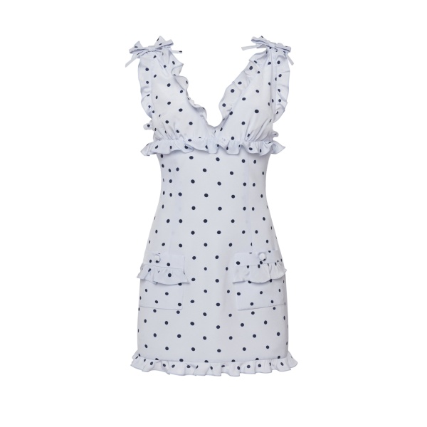 Alessandra Rich Polka-Dot Silk Mini Dress with Pockets in Light Blue and Blue