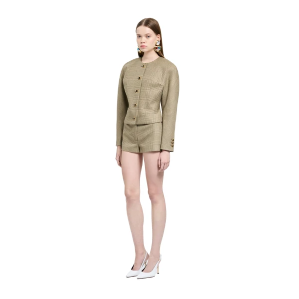 Alessandra Rich Prince of Wales Wool Shorts in Green and Beige, view 2