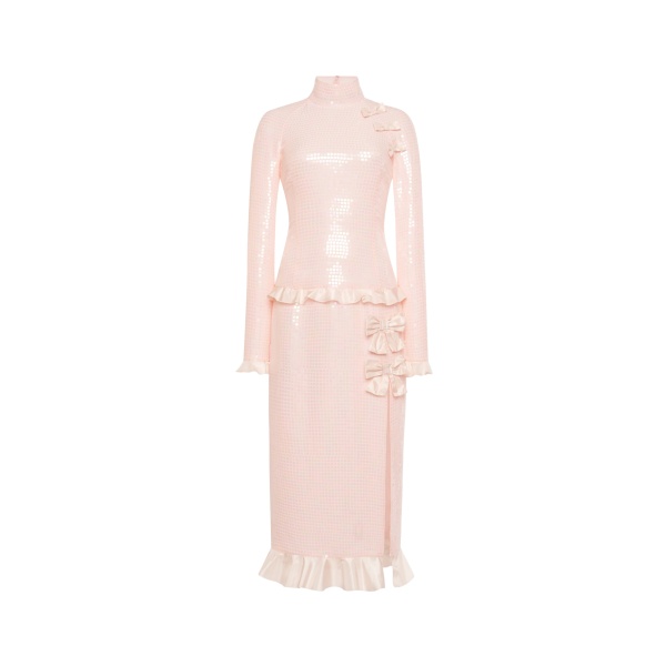 Alessandra Rich Sequin-Embroidered Silk High Neck Midi Dress in Pink