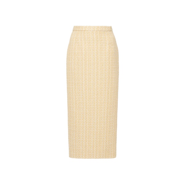 Alessandra Rich Sequin Tweed Midi Skirt in Pale Yellow and White