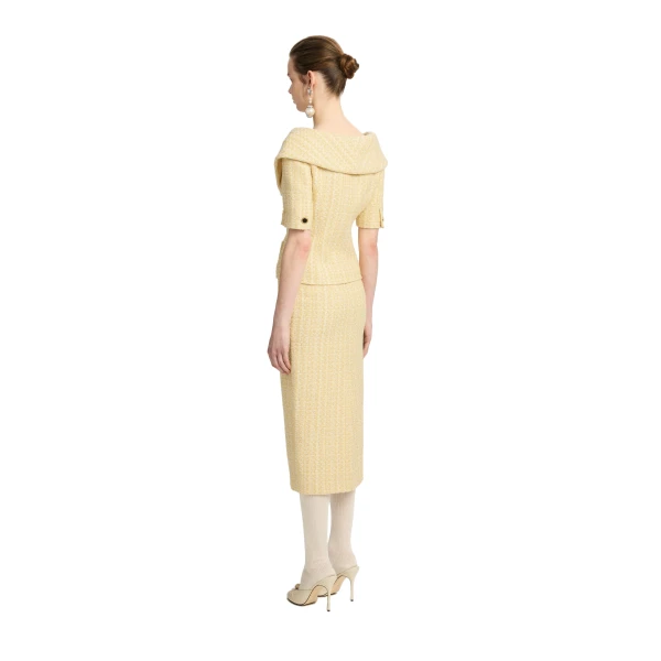 Alessandra Rich Sequin Tweed Off-Shoulder Jacket in Pale Yellow and White, view 4
