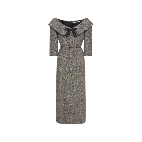 Alessandra Rich Sequin Tweed Off-Shoulder Midi Dress in White and Black Melange