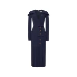 Alessandra Rich Silk Jacquard Dress with Pleated Skirt in Navy Blue