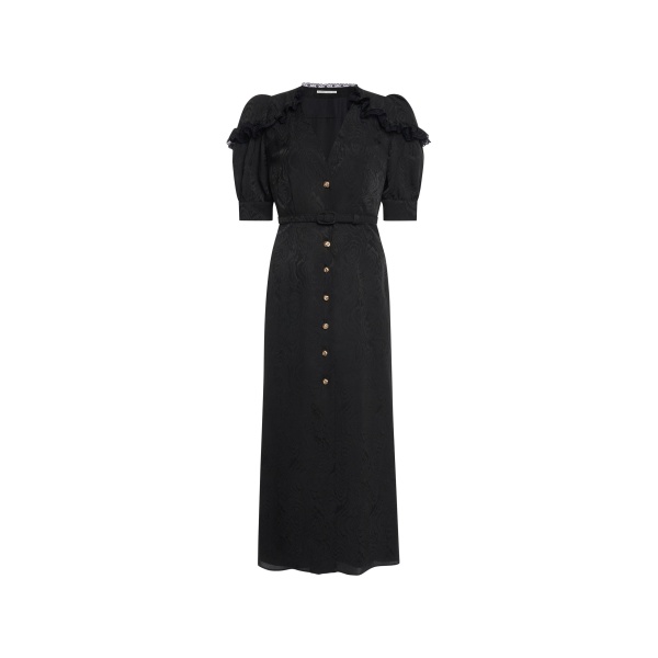 Alessandra Rich Silk Jacquard Midi Dress with V-Neckline in Black