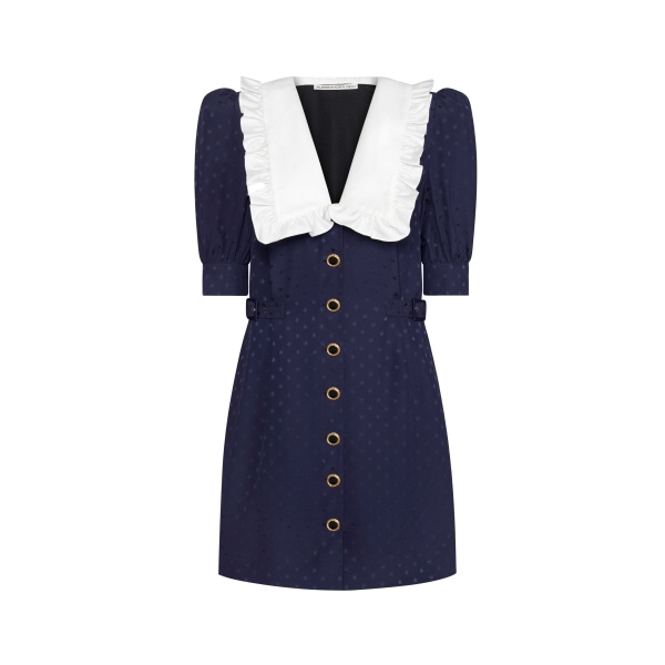 Alessandra Rich Silk Jacquard Mini Dress with Buckles in Navy Blue