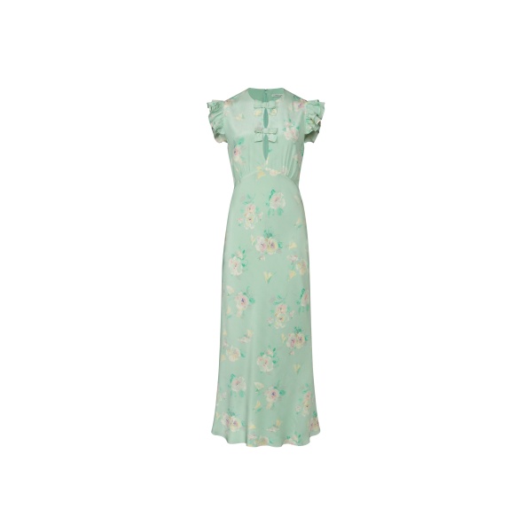 Alessandra Rich Silk Midi Dress with Ruffle Sleeves in Green and Multi
