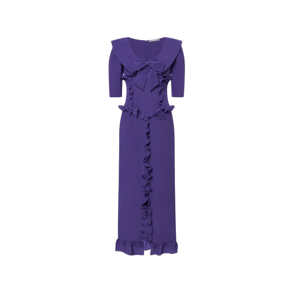 Alessandra Rich Silk Midi Dress with Ruffles in Purple