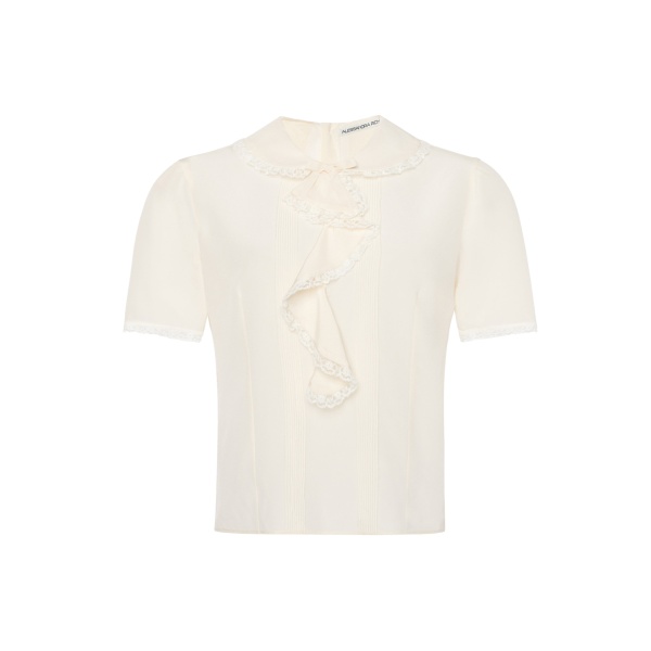 Alessandra Rich Silk Short Sleeve Blouse with Jabot in Cream