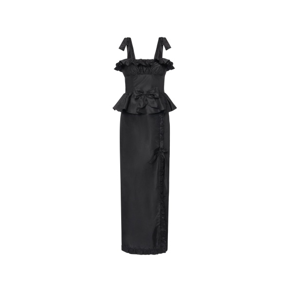 Alessandra Rich Silk Taffeta Midi Dress with Ruffles in Black