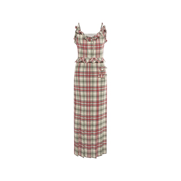 Alessandra Rich Tartan-Print Silk Midi Dress with Pleated Skirt in Red and Green