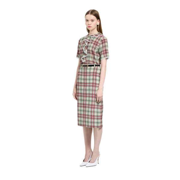 Alessandra Rich Tartan-Print Silk Short Sleeve Blouse with Jabot in Red and Green, view 2