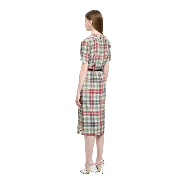 Alessandra Rich Tartan-Print Silk Short Sleeve Blouse with Jabot in Red and Green, view 4