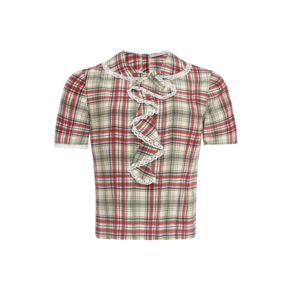 Alessandra Rich Tartan-Print Silk Short Sleeve Blouse with Jabot in Red and Green