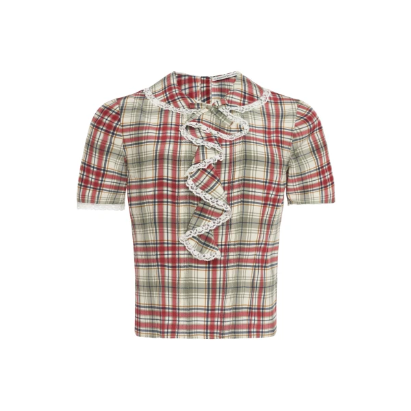 Tartan-Print Silk Short Sleeve Blouse with Jabot in Red and Green