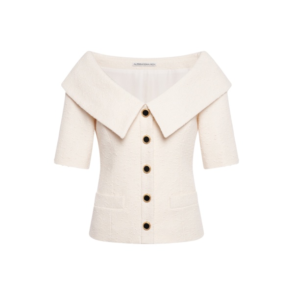 Alessandra Rich Tweed Bouclé Off-Shoulder Jacket in Ivory