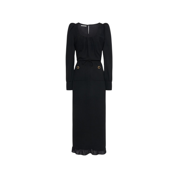 Alessandra Rich Wool Crêpe Midi Dress with Scoop Neckline in Black