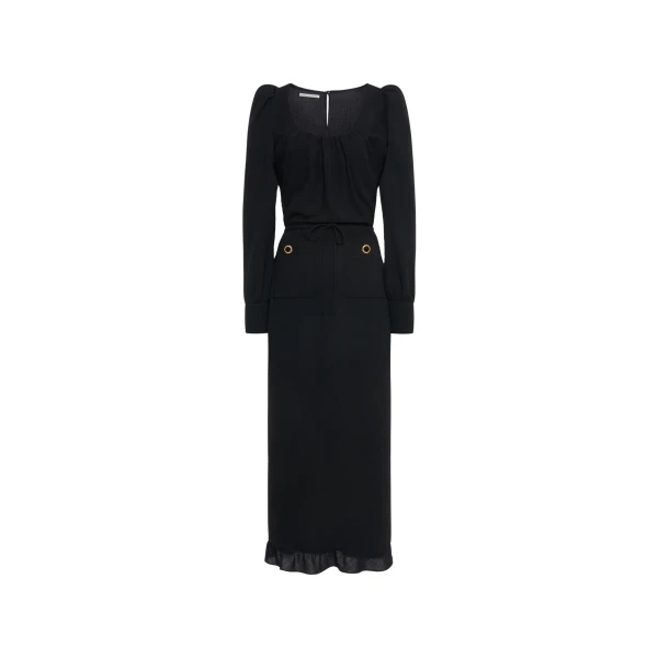 Wool Crêpe Midi Dress with Scoop Neckline in Black