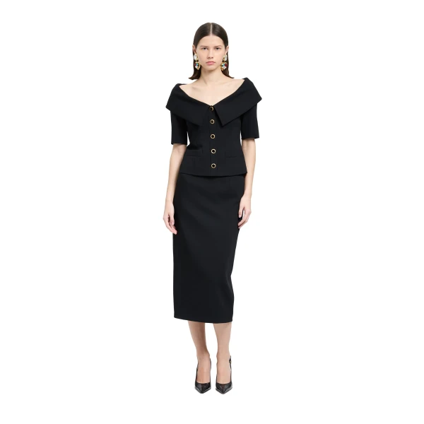 Alessandra Rich Wool Crêpe Off-Shoulder Jacket in Black, view 2